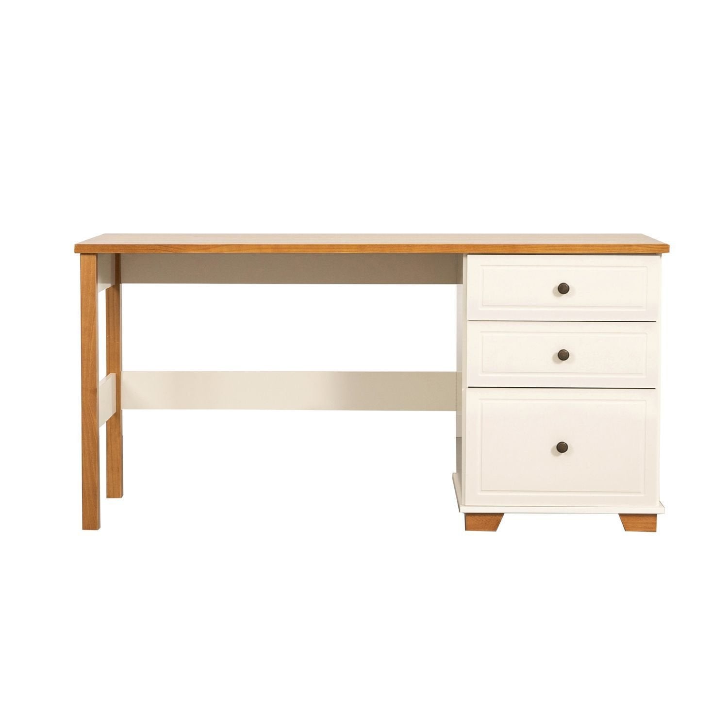 Escrivaninha Mesa Escritório Pinus Ananda 3 Gavetas 150cm CabeCasa MadeiraOriginals Off-White e Mel Marrom