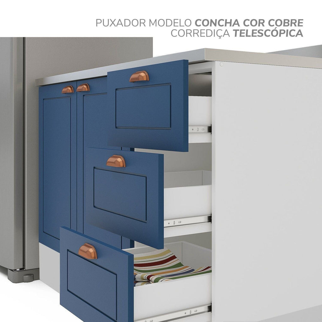 Cozinha Completa Modulada Pérola 4 Peças Torre Quente Aéreo 3 Portas Balcão 2 Gavetas Basculante Azul/Branco 270,2x219,4x52cm