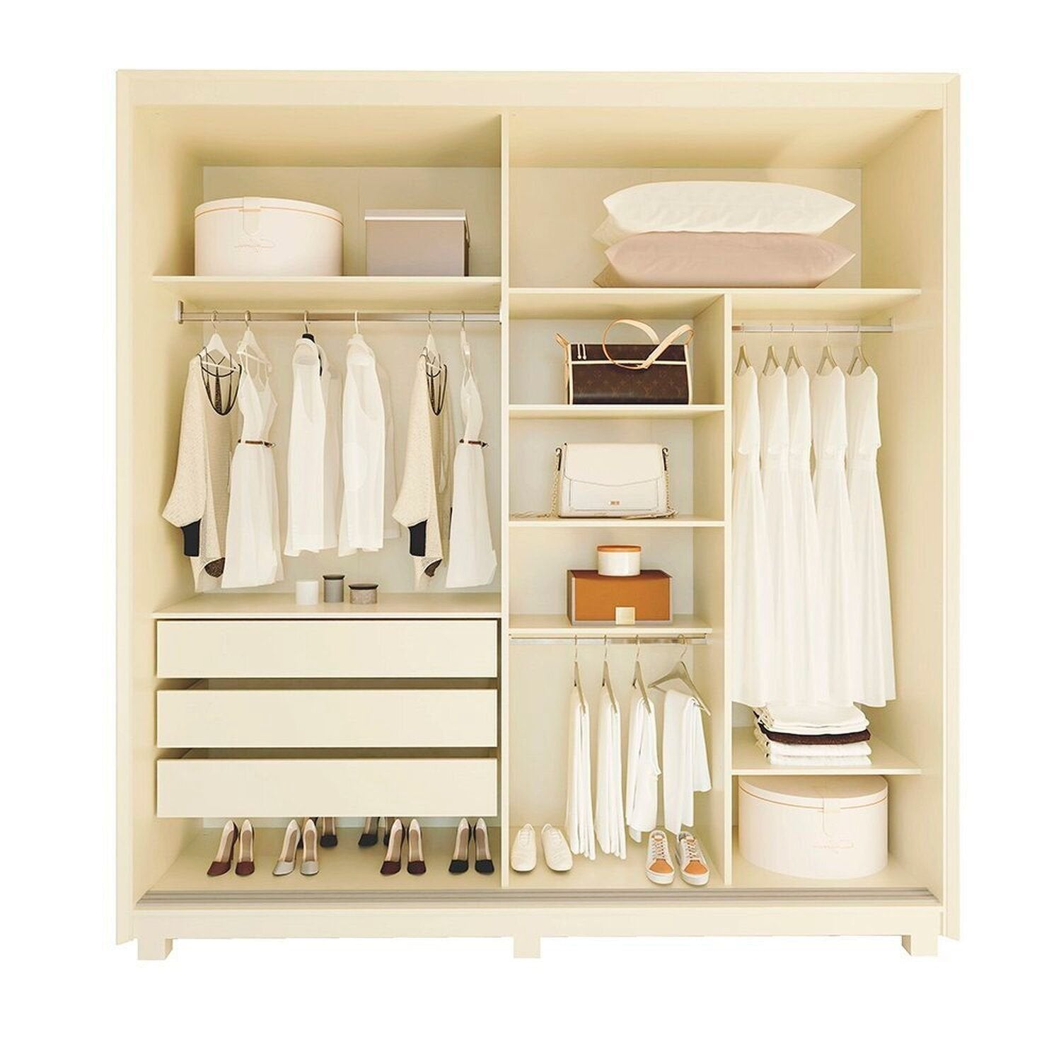 Guarda-Roupa Casal 2 Portas Reflecta com Pés e LED 100% MDF Platinum Gelius Móveis Bege/Off White