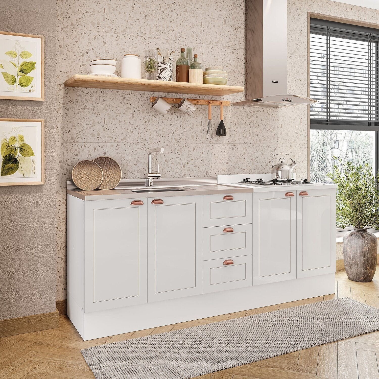 Cozinha Pérola Compacta com Rodapé 2 Peças Balcão 2 Gavetas 3 Portas Yescasa Branco