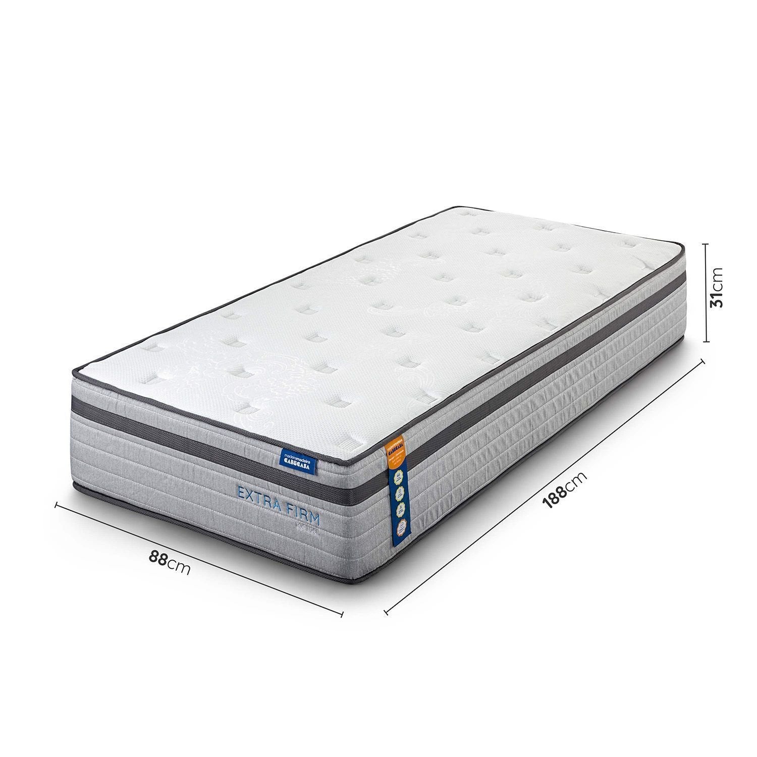 Colchão Solteiro Mola Ensacada Extra Firm Luna CabeCasa MadeiraMadeira Cinza Branco 88x188x31cm