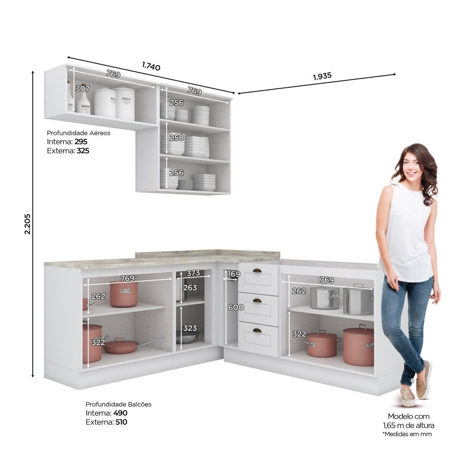 Cozinha Completa Modulada Emily Espresso Móveis 6 Peças 8 Portas 3 Gavetas Branco/Calcare