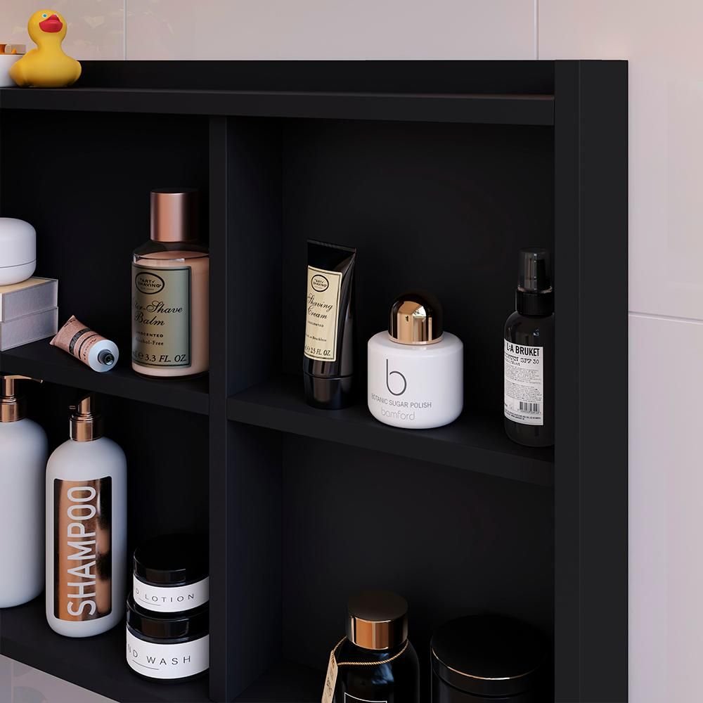 Espelheira para Banheiro Suspensa Luxo DESAN 1 Porta com Prateleira 60cm Preto