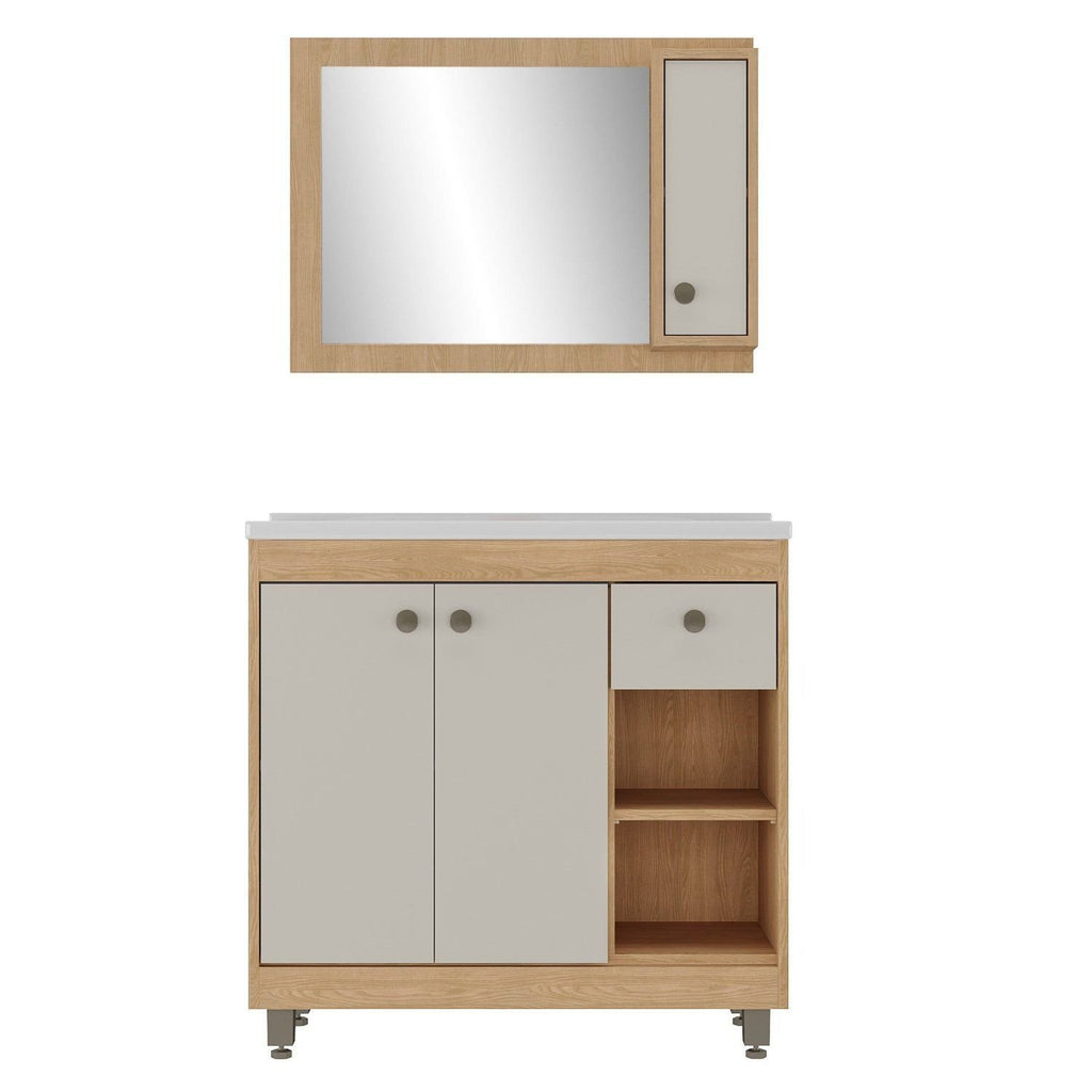 Conjunto para Banheiro Gabinete com Cuba e Espelheira Ozini 3 Portas 80cm Marrom/Carvalho Nature/Arenas