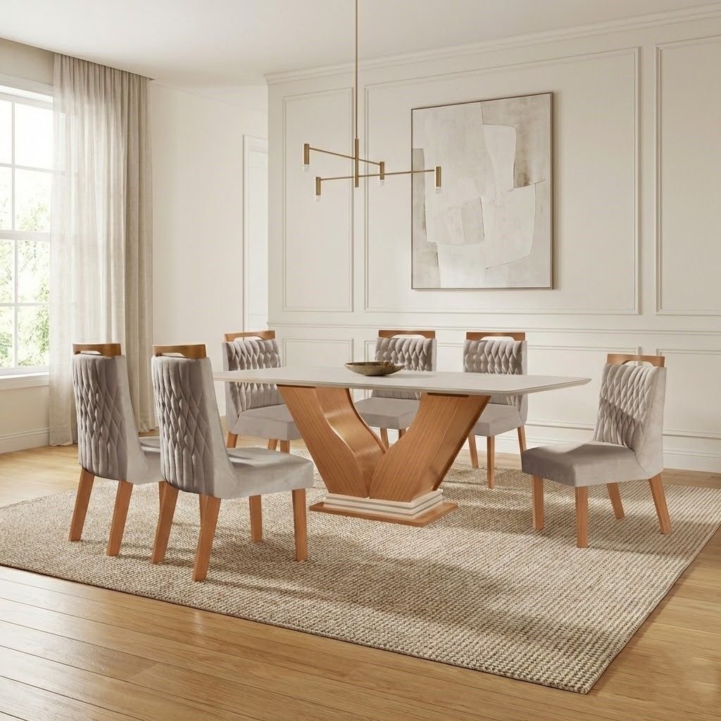 Conjunto Sala de Jantar Mesa Safira Tampo Vidro e MDF com 6 Cadeiras Atena LJ Móveis