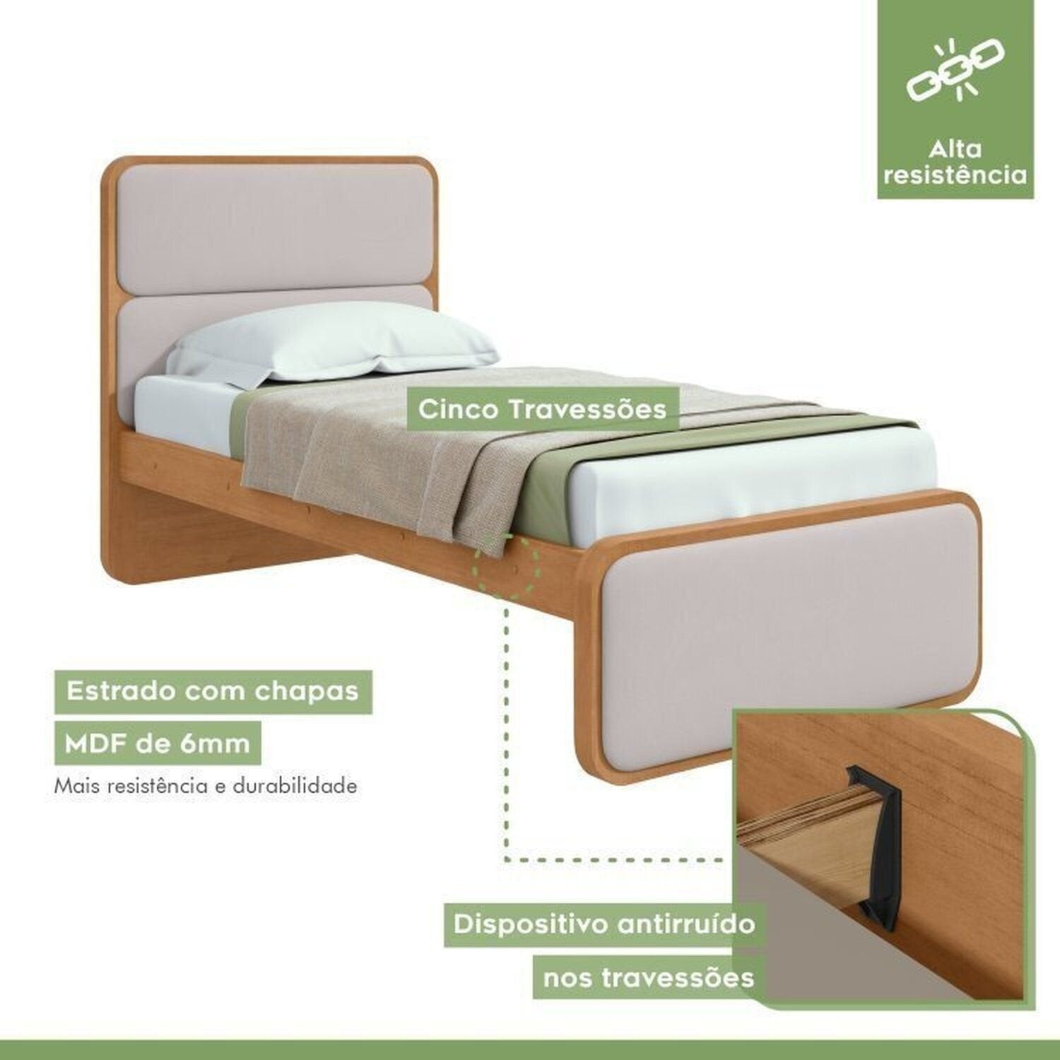 Kit Quarto Infantil com Cama Solteiro Corino e Cômoda 8 Gavetas Loop Móveis Lopas Bege Amêndoa Clean/Off White