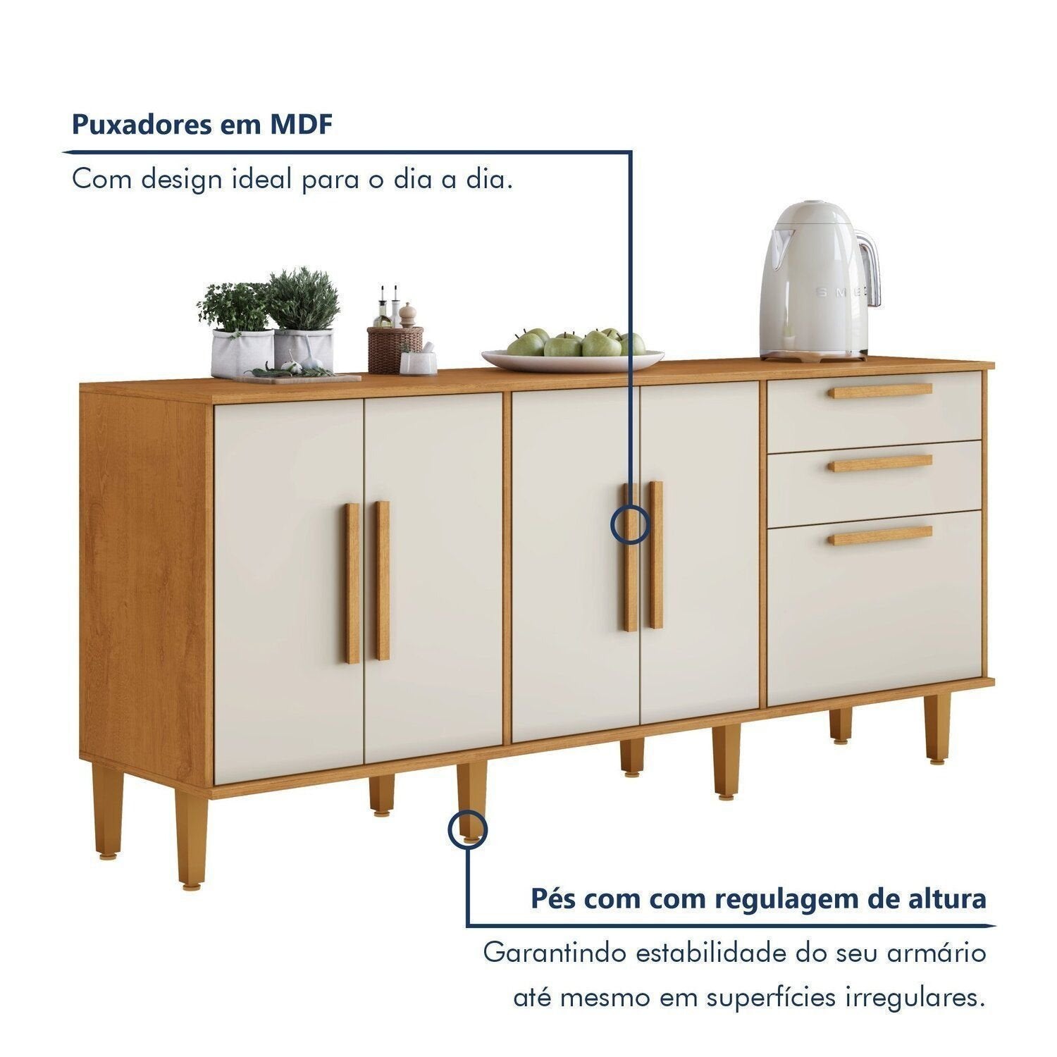 Balcão de Cozinha 5 Portas 2 Gavetas 178,4cm Lorena Kaiki Móveis Branco