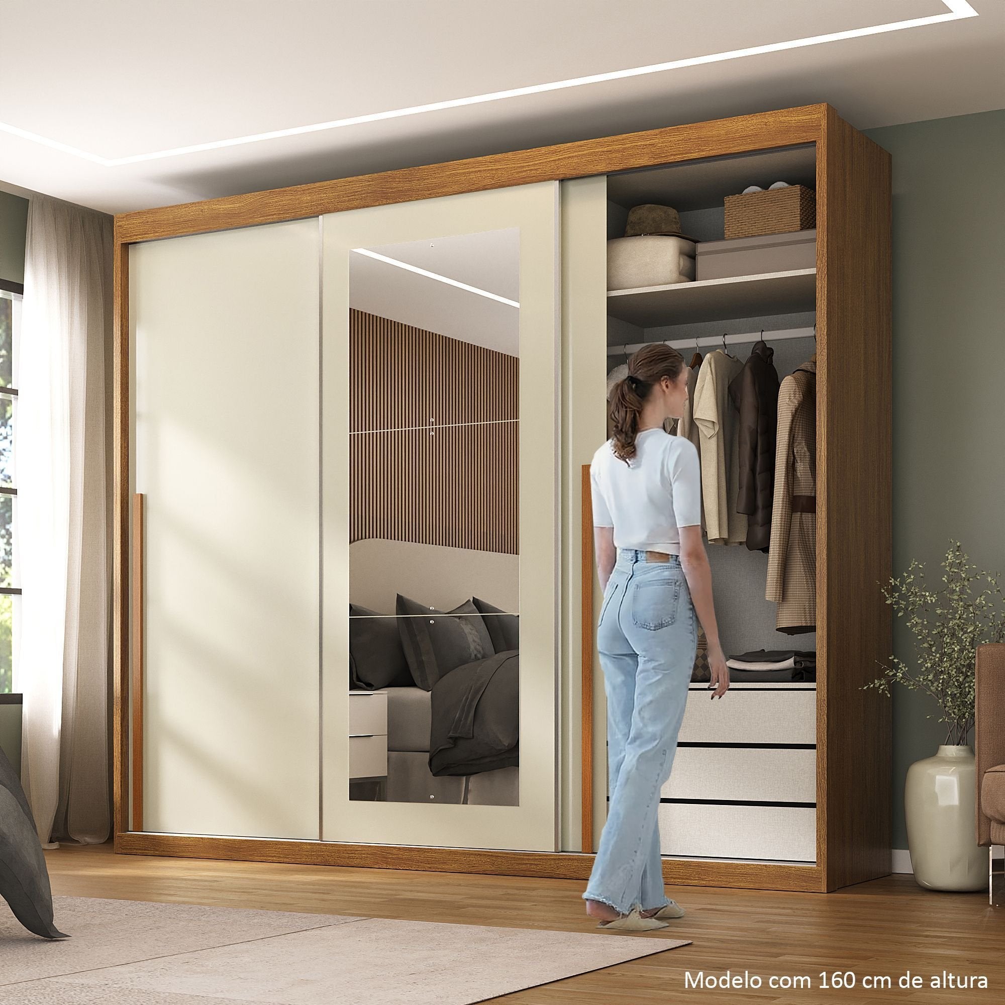 Guarda-Roupa Casal 3 Portas de Correr 6 Gavetas Spazio Yescasa MDP Off White/Cinamomo