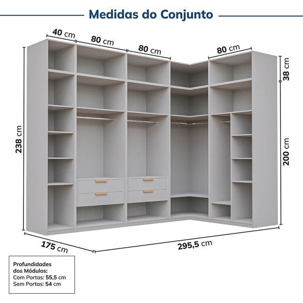 Guarda-Roupa Modulado de Canto 10 Peças 18 Portas Jade CabeCasa MadeiraMadeira