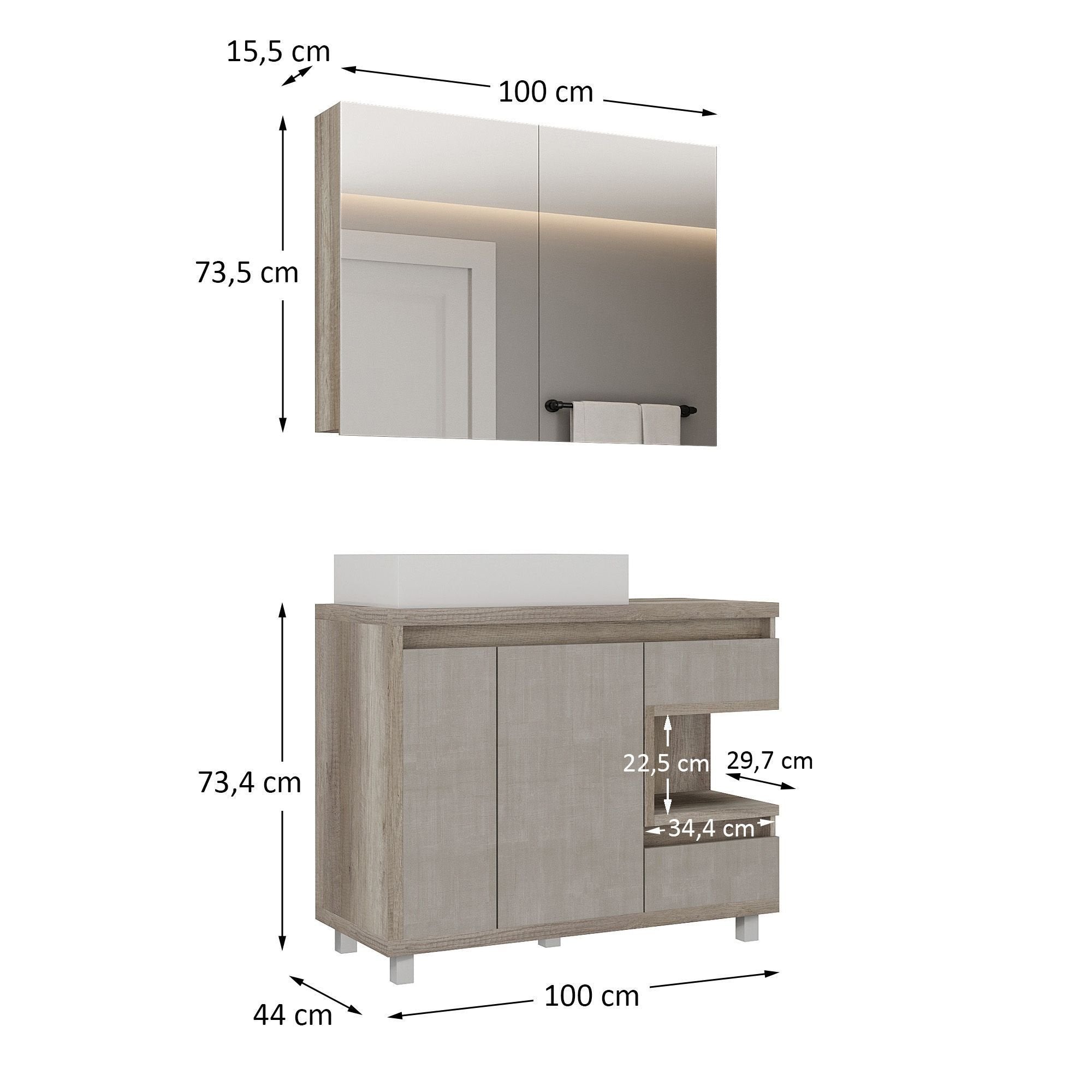 Conjunto para Banheiro Gabinete com Cuba e Espelheira Malba Móveis Bosi 100cm Cinza/Barrique/Argento