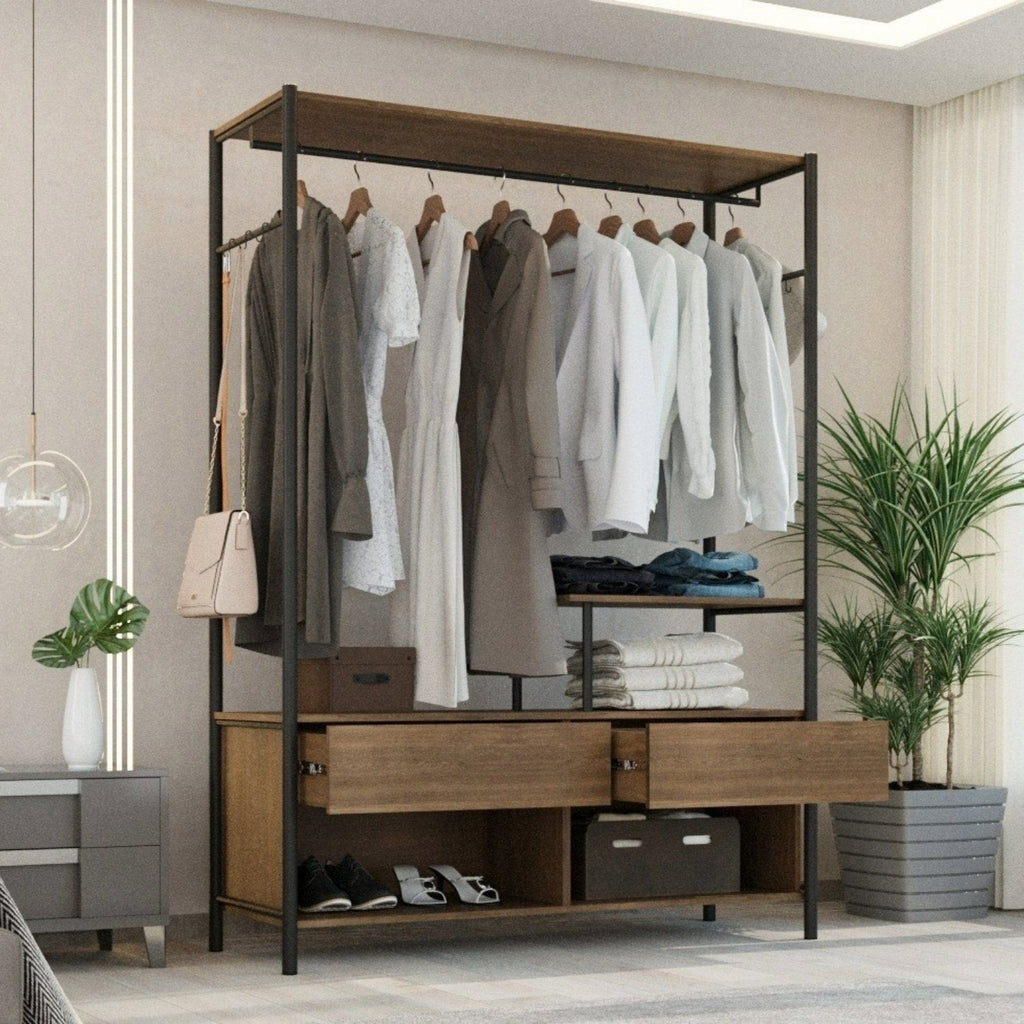 Guarda-Roupa Closet Industrial para Casal de Ferro 2 Gavetas 5 Prateleiras Barcelona Artefamol Marrom/Preto