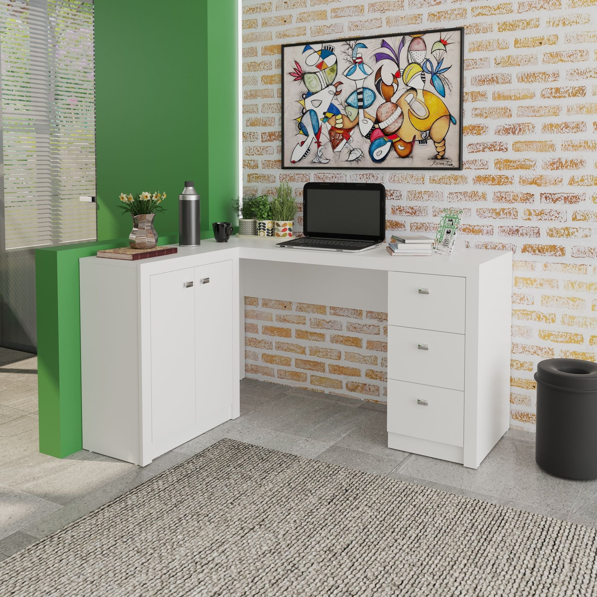 Escrivaninha Mesa Escritório em L com Armários ME4100 3 Gavetas 136cm Tecno Mobili