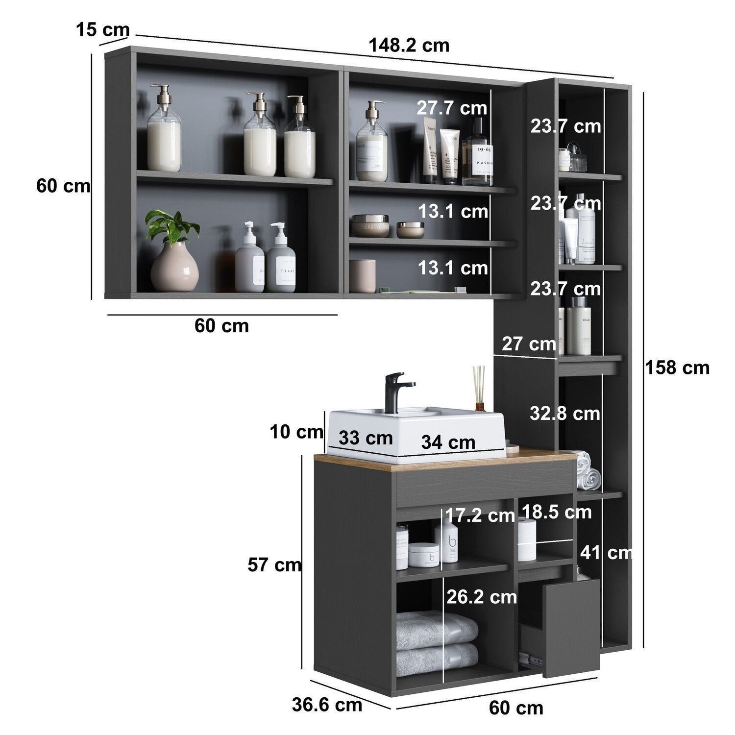 Conjunto para Banheiro Modulado 4 Peças Gabinete Suspenso com Cuba Bangladesh Art in Móveis 148cm Arenas