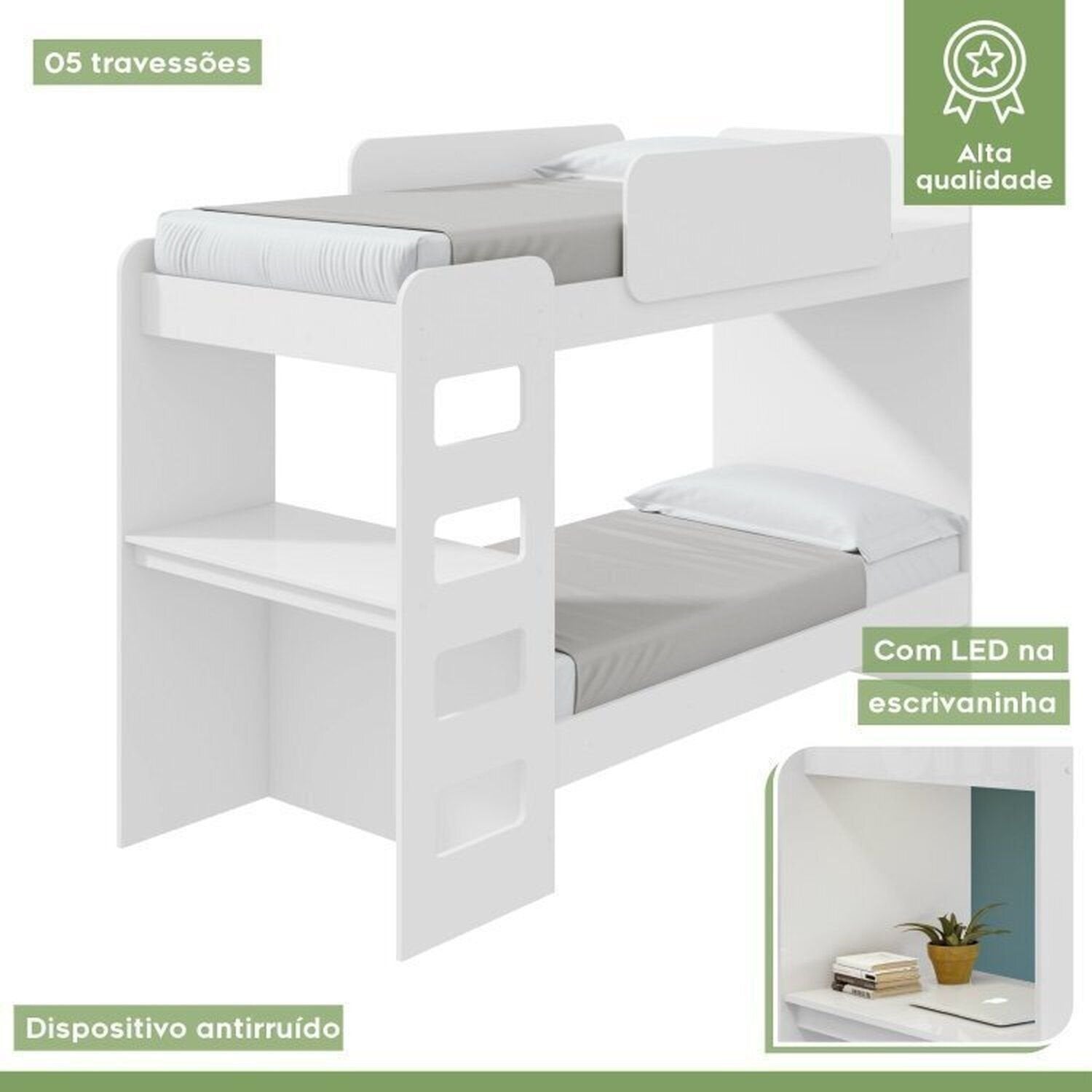 Conjunto Quarto Infantil Completo Beliche Escrivaninha Cômoda e Guarda-Roupa Branco Móveis Lopas