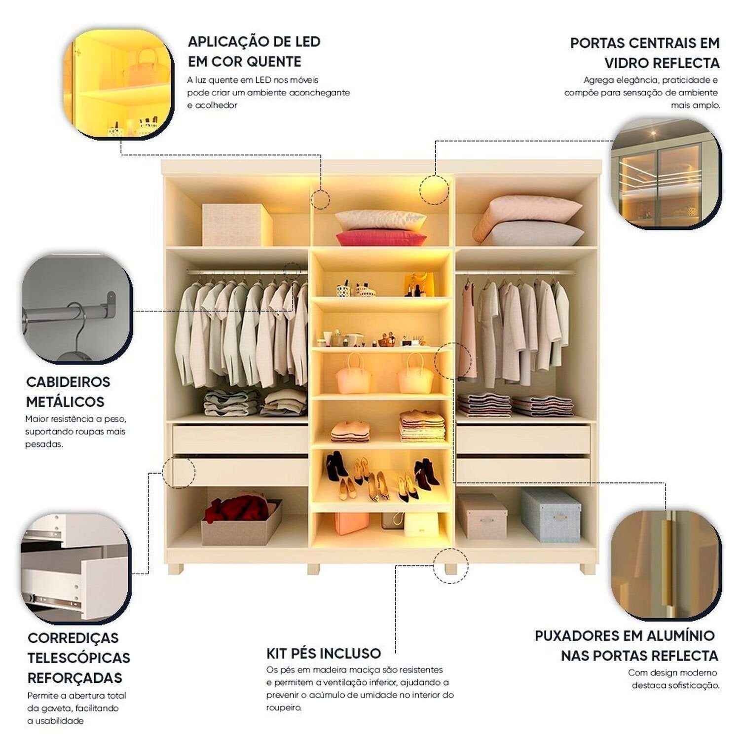Guarda-Roupa Casal 6 Portas com Pés com LED Imperatriz Reflecta 100% MDF Yescasa Off White