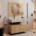 Conjunto para Banheiro Bancada Porcelanato Cuba Esculpida Armário Espelho Ripy Bumi 100cm Amarelo/Wood