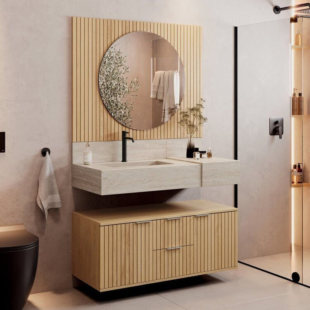 Conjunto para Banheiro Bancada Porcelanato Cuba Esculpida Armário Espelho Ripy Bumi 100cm Amarelo/Wood