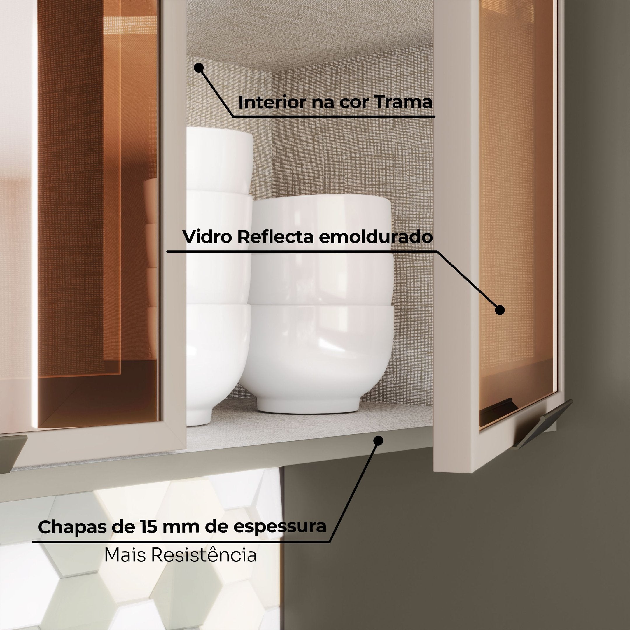 Armário Aéreo 3 Portas com Vidro Connect Henn Cinza 120cm
