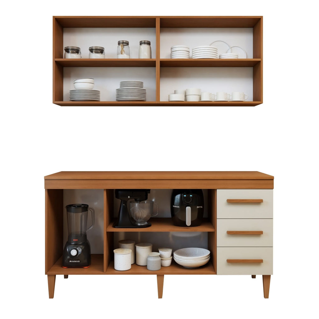 Cozinha Completa Modulada Atenas Kaiki Móveis 7 Portas 3 Gavetas Balcão Aéreo MDP Branco