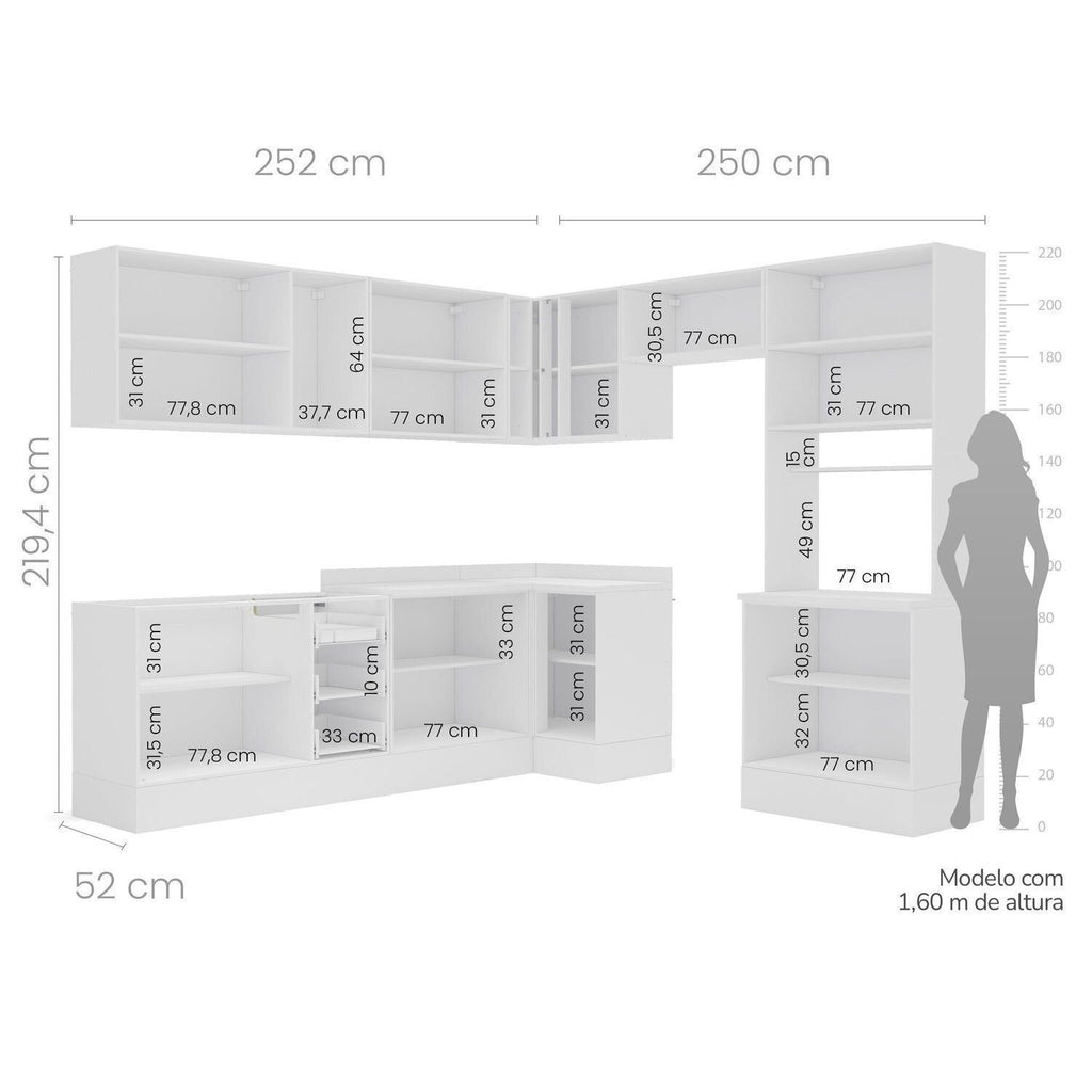 Cozinha Completa Modulada Pérola Yescasa 9 Peças Torre Quente Aéreo Balcão Basculante Canto Rodapé Branco/Azul