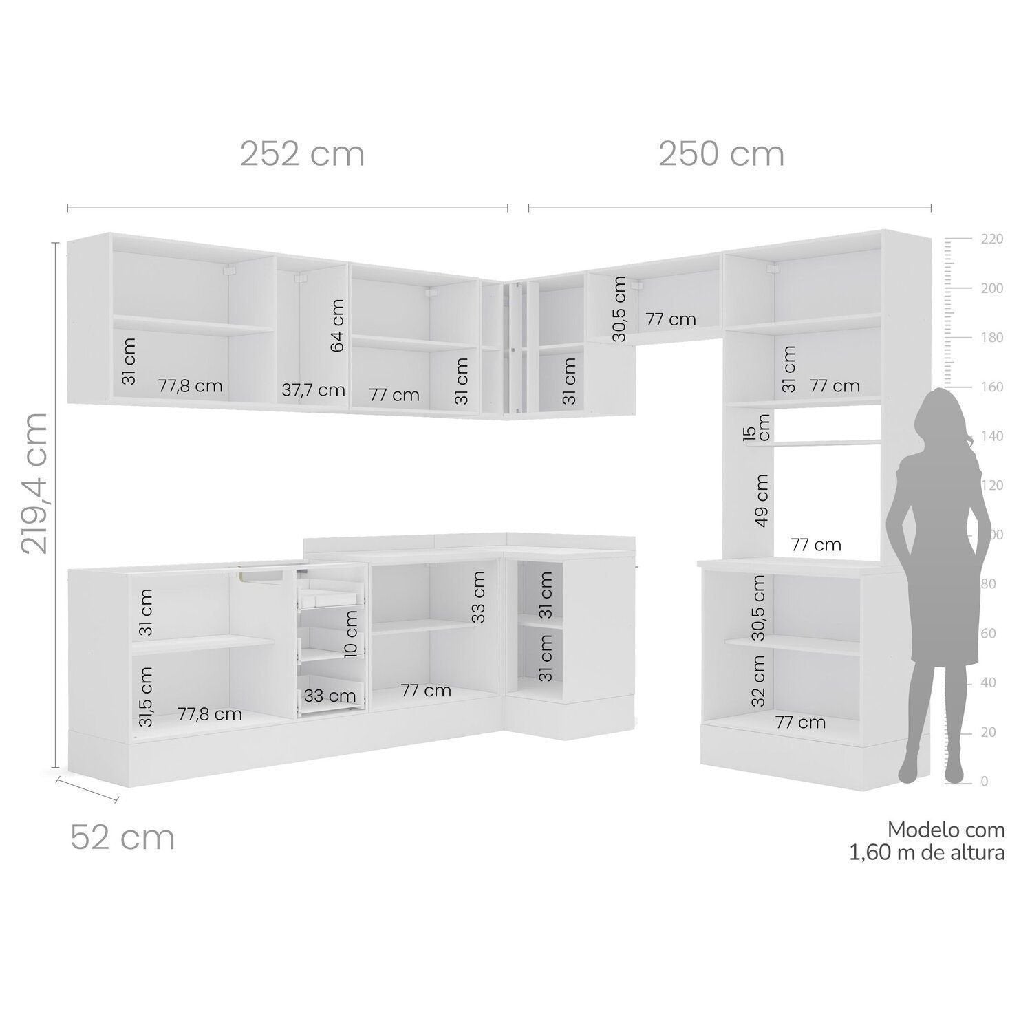 Cozinha Completa Modulada Pérola Yescasa 9 Peças Torre Quente Aéreo Balcão Basculante Canto Rodapé Branco/Azul