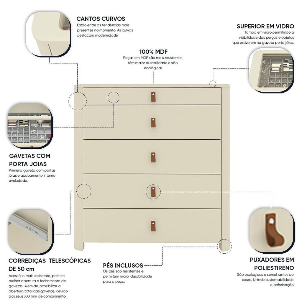 Ilha 5 Gavetas com Pés Innova 100% MDF Gelius Móveis Branco/Off White