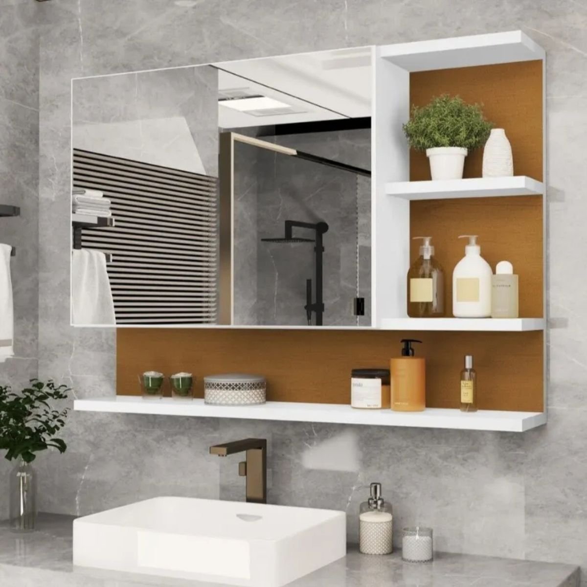 Armário Espelheira para Banheiro 1 Porta Cleopatra L.A Móveis 60cm Branco e Nature