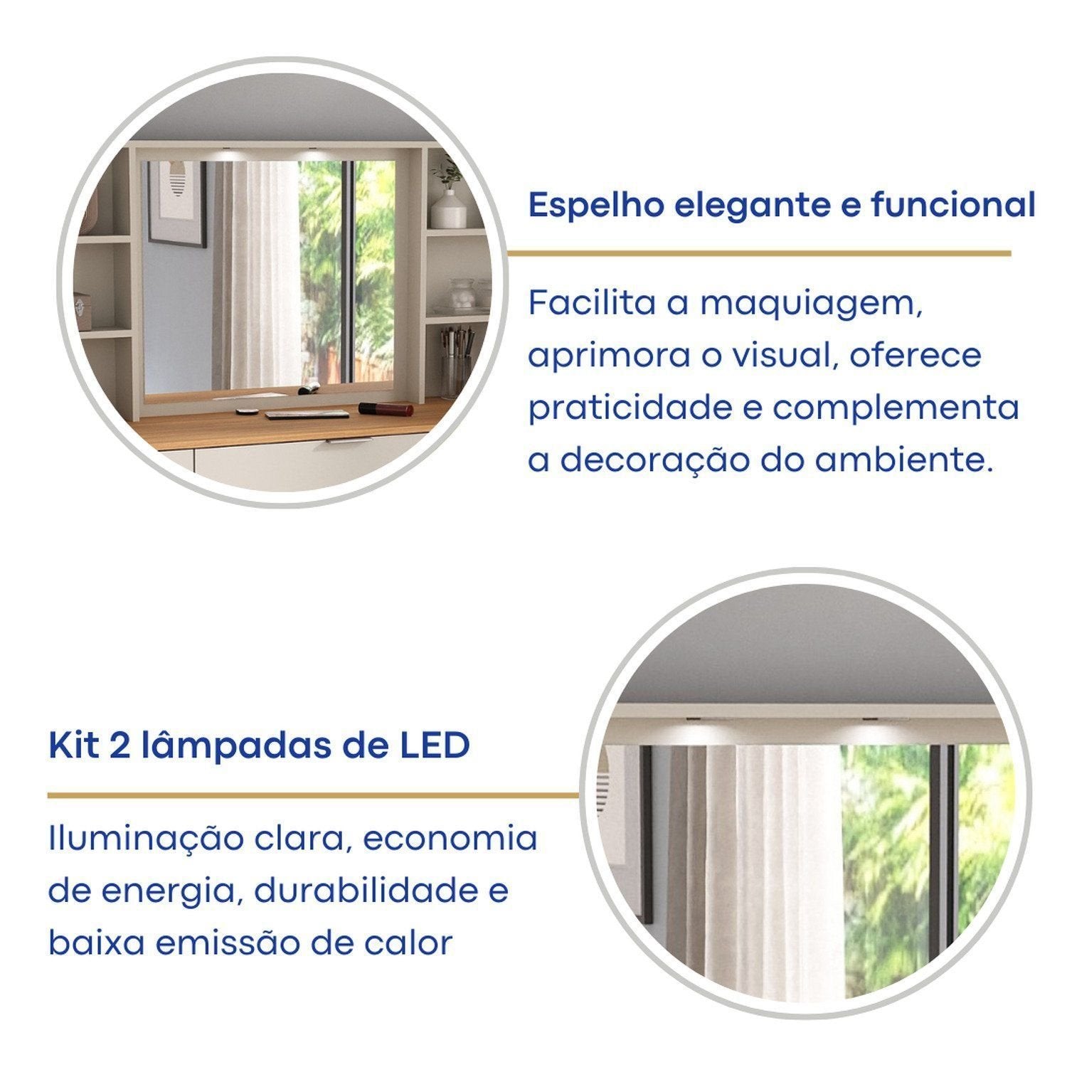 Penteadeira MDF 9 Gavetas com Espelho e LED Foscarini 8402 Bege/Argila/Carvalho Hanover