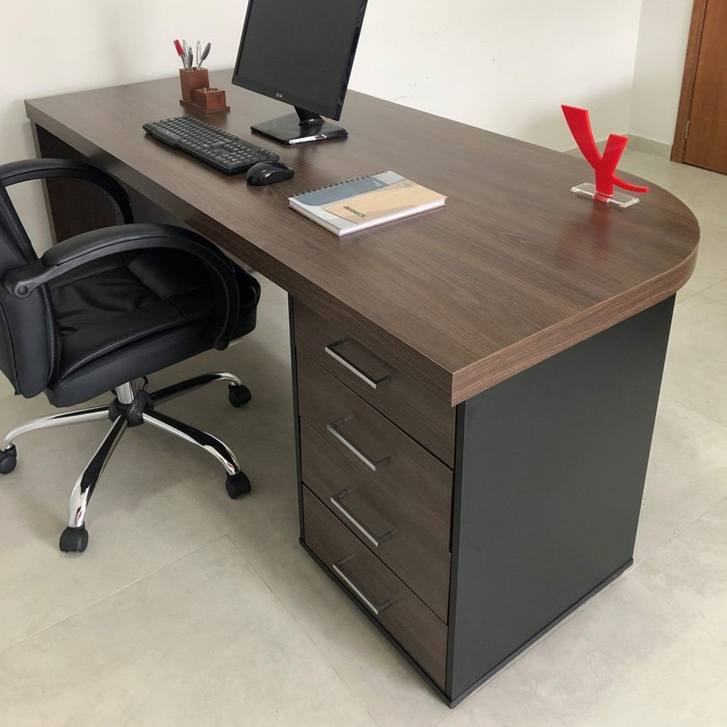 Escrivaninha Mesa Escritório Tamburato 4 Gavetas Lado Direito 180cm Marrom/Charuto/Preto Artany
