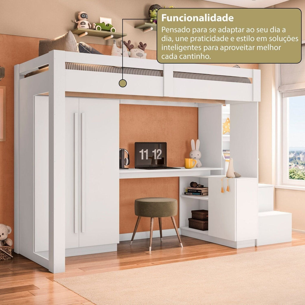 Cama Alta Beliche Office Infantil com Roupeiro e Escrivaninha Moon Yescasa Branco