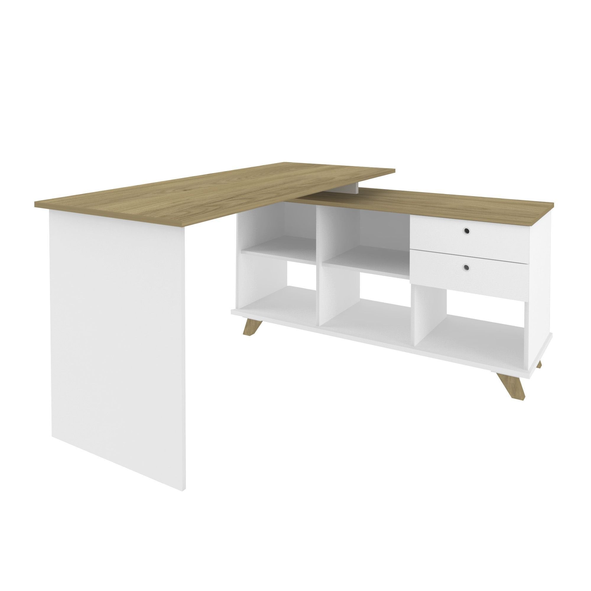 Escrivaninha Retrô em L Mesa Escritório e Home Office 2 Gavetas 5 Nichos 145cm Artany