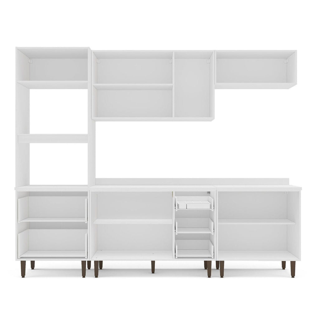 Cozinha Completa Pérola Yescasa 5 Peças Torre Quente Aéreo 3 Portas Balcão 2 Gavetas Basculante Cinza/Branco 270,2x219,4x52cm