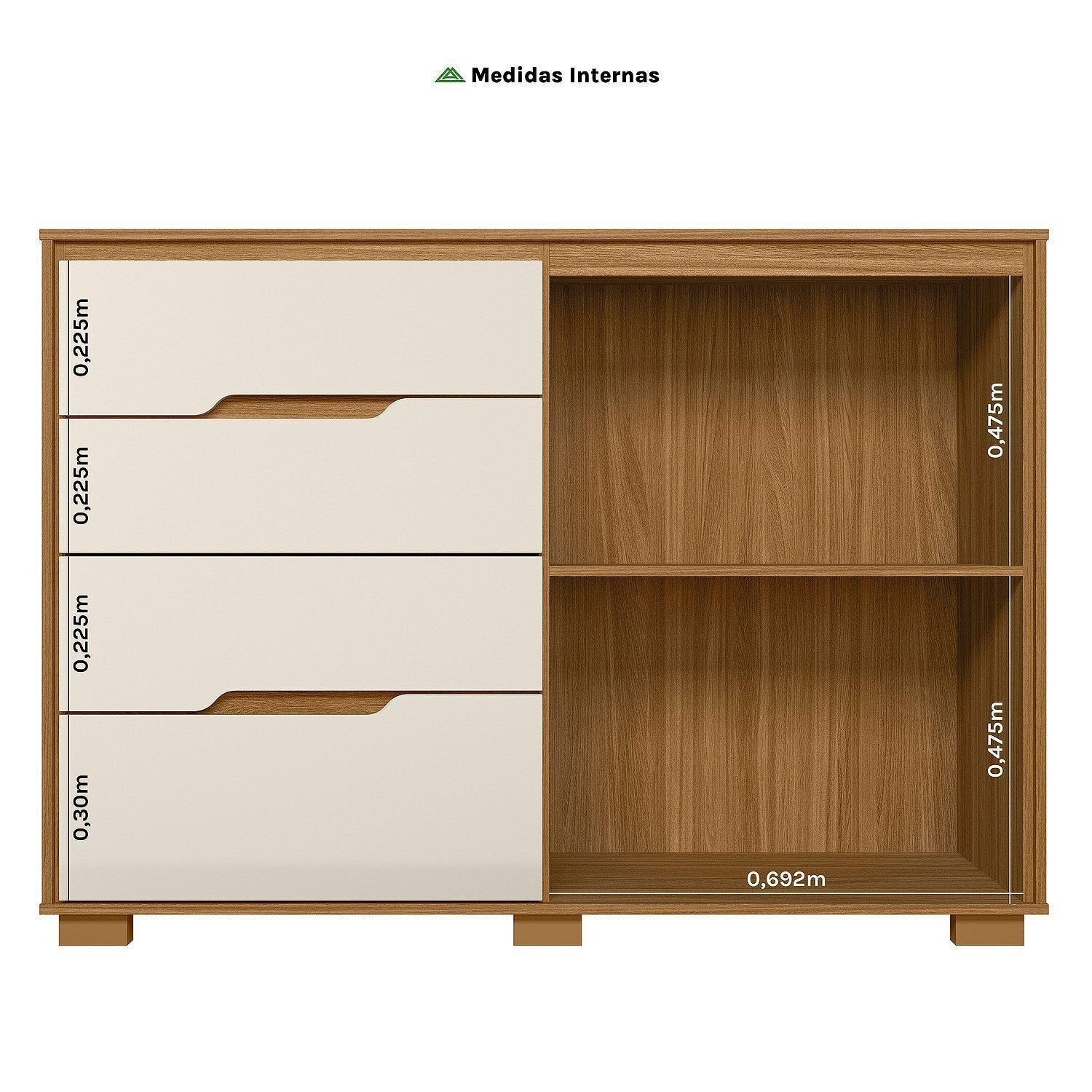 Cômoda Texas 4 Gavetas 2 Portas 147cm Moval Marrom/Freijó/Off White