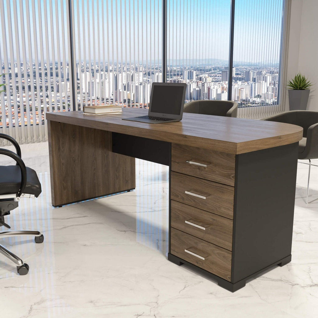 Escrivaninha Mesa Escritório Tamburato 4 Gavetas Lado Direito 180cm Marrom/Charuto/Preto Artany