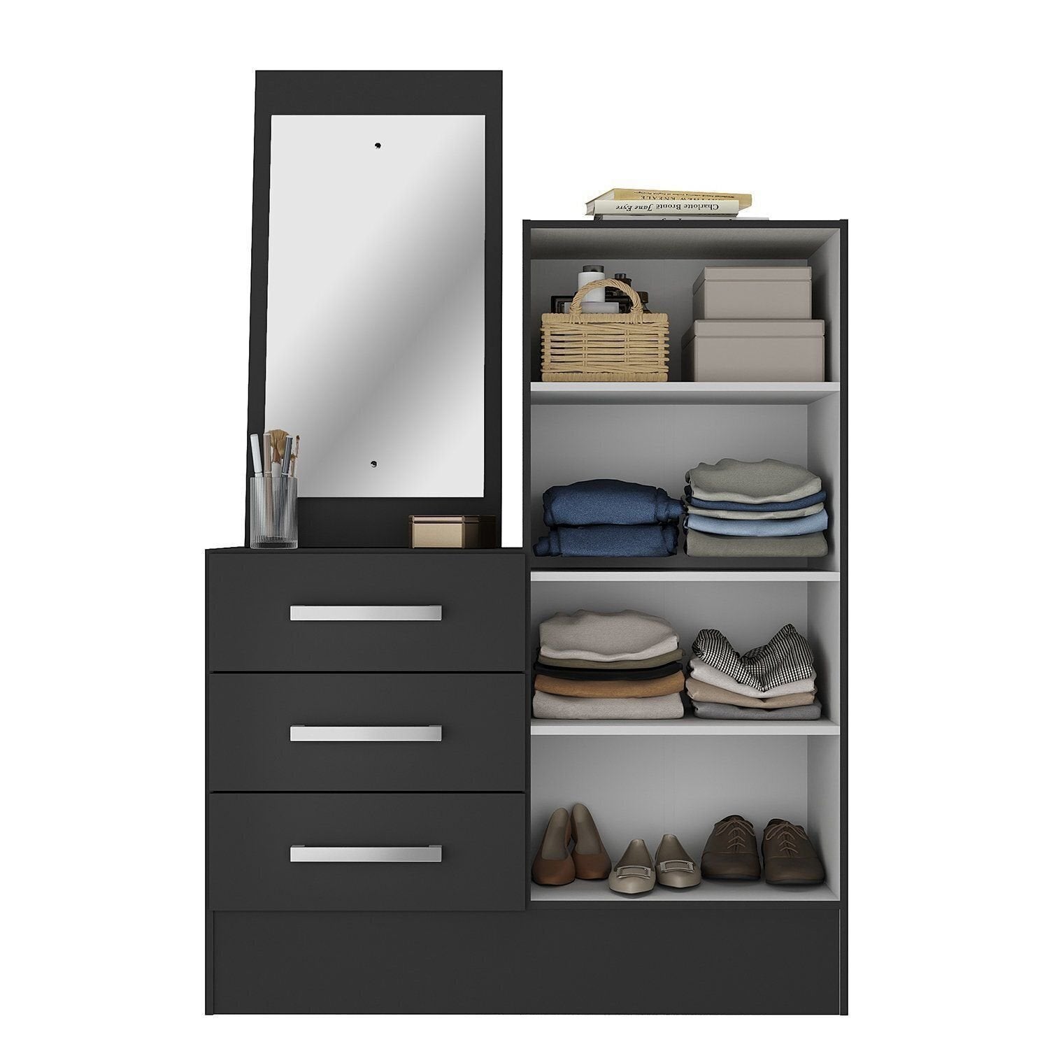 Cômoda para Quarto 3 Gavetas 2 Portas com Espelho Dunas Preto Yescasa