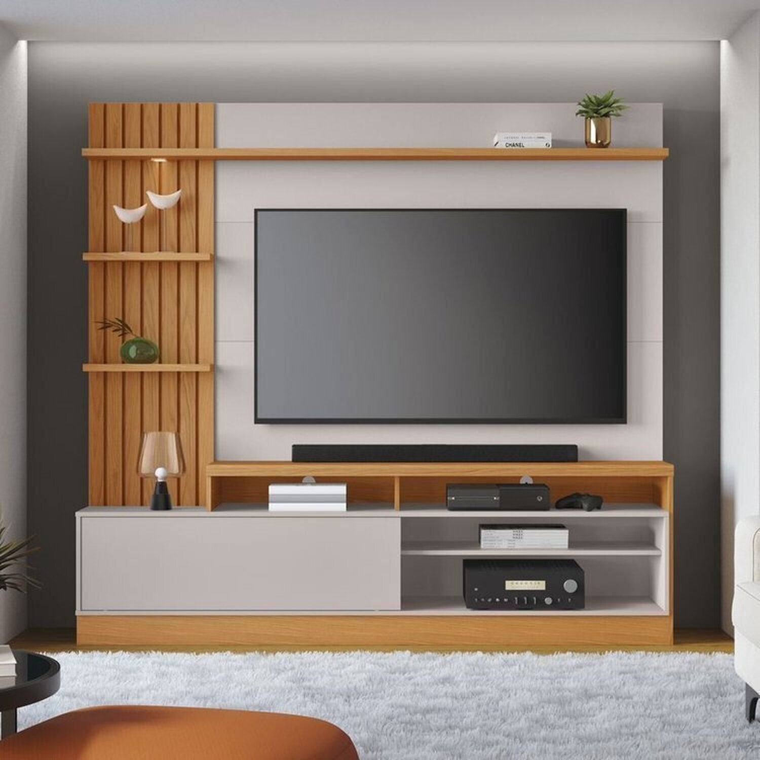 Conjunto Sala de Estar Completa Jurerê Home Maceió para TV Até 65 Polegadas Buffet e Cristaleira 4 Portas Colibri Branco Off White Matte/Freijó