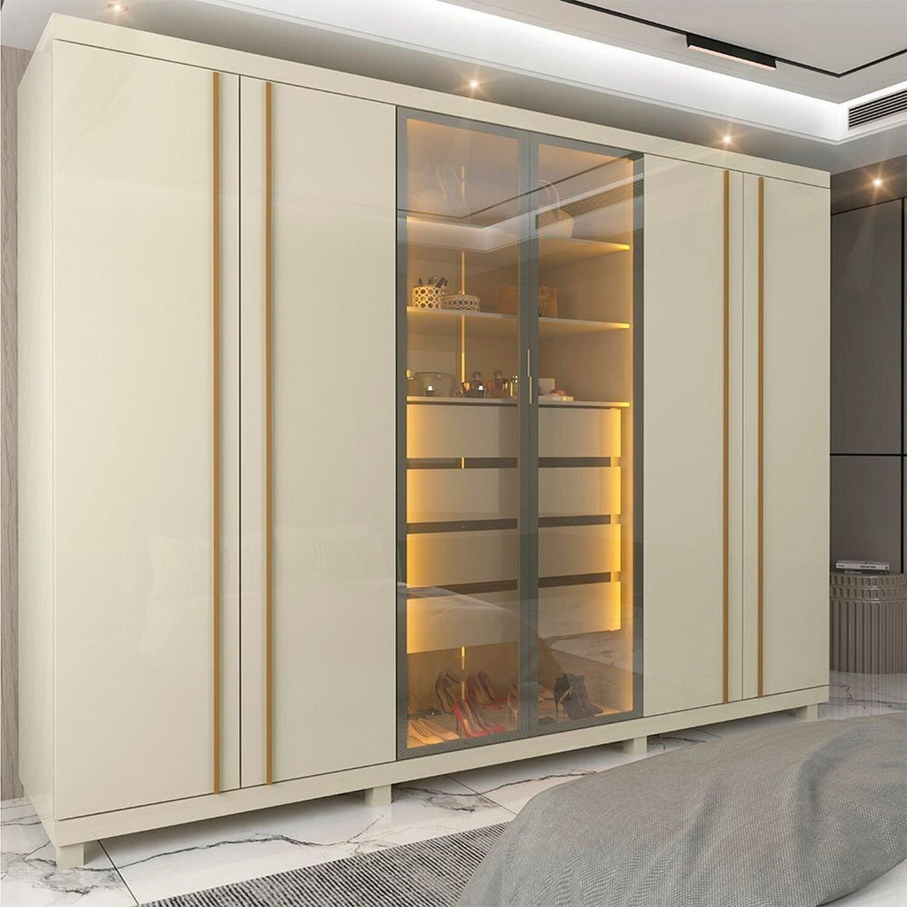 Guarda-Roupa Casal 6 Portas com Pés e LED Absolut New Reflecta 100% MDF Off White Gelius Móveis