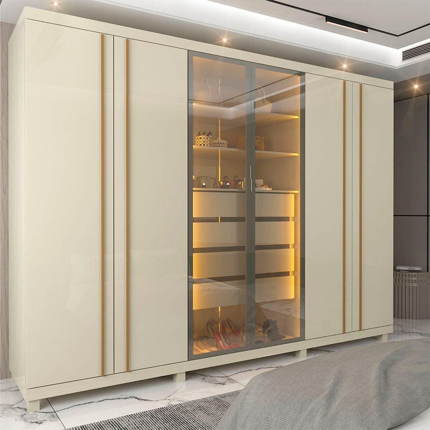 Guarda-Roupa Casal 6 Portas com Pés e LED Absolut New Reflecta 100% MDF Off White Gelius Móveis