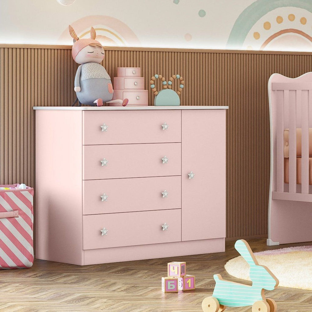 Cômoda Infantil 1 Porta 4 Gavetas Doce Sonho Qmovi Rosa/Acetinado