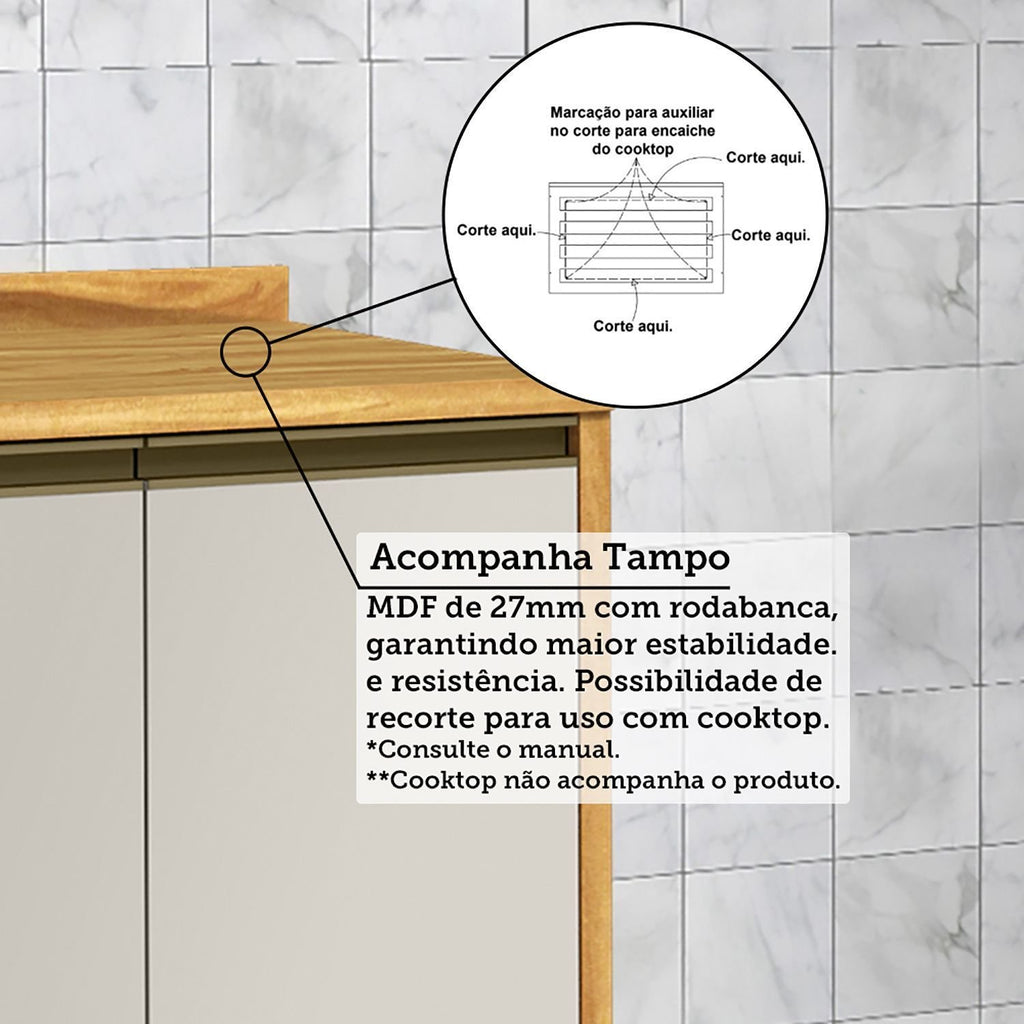 Cozinha Completa Modulada Barbados 7 Peças 16 Portas com Vidro e Tampo 100% MDF Espresso Móveis Bege/Amêndoa/Off White