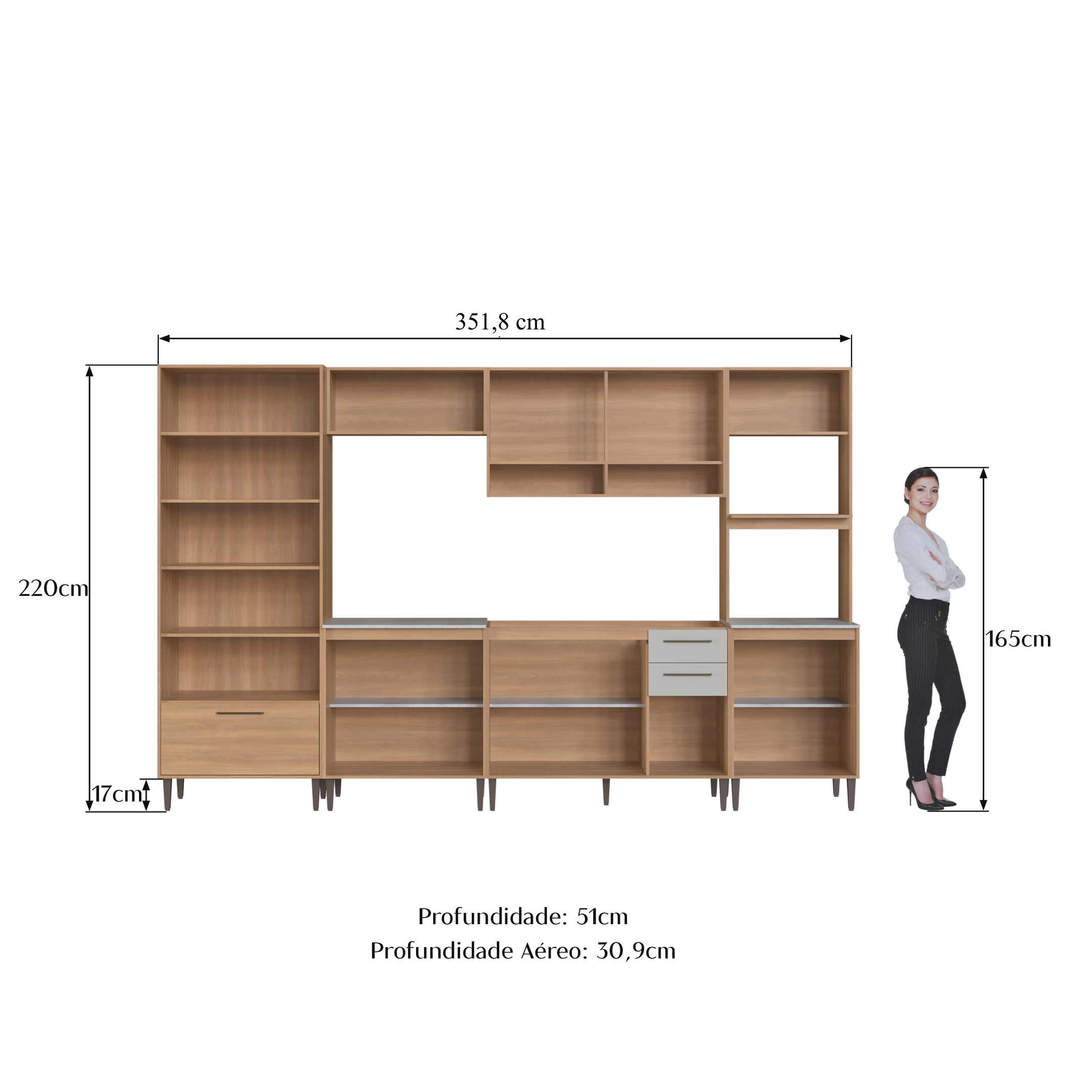 Cozinha Modulada Completa 6 Peças Cristaleira 12 Portas 3 Gavetas Jade Marrom/Freijó/Arenas Delmarco Móveis