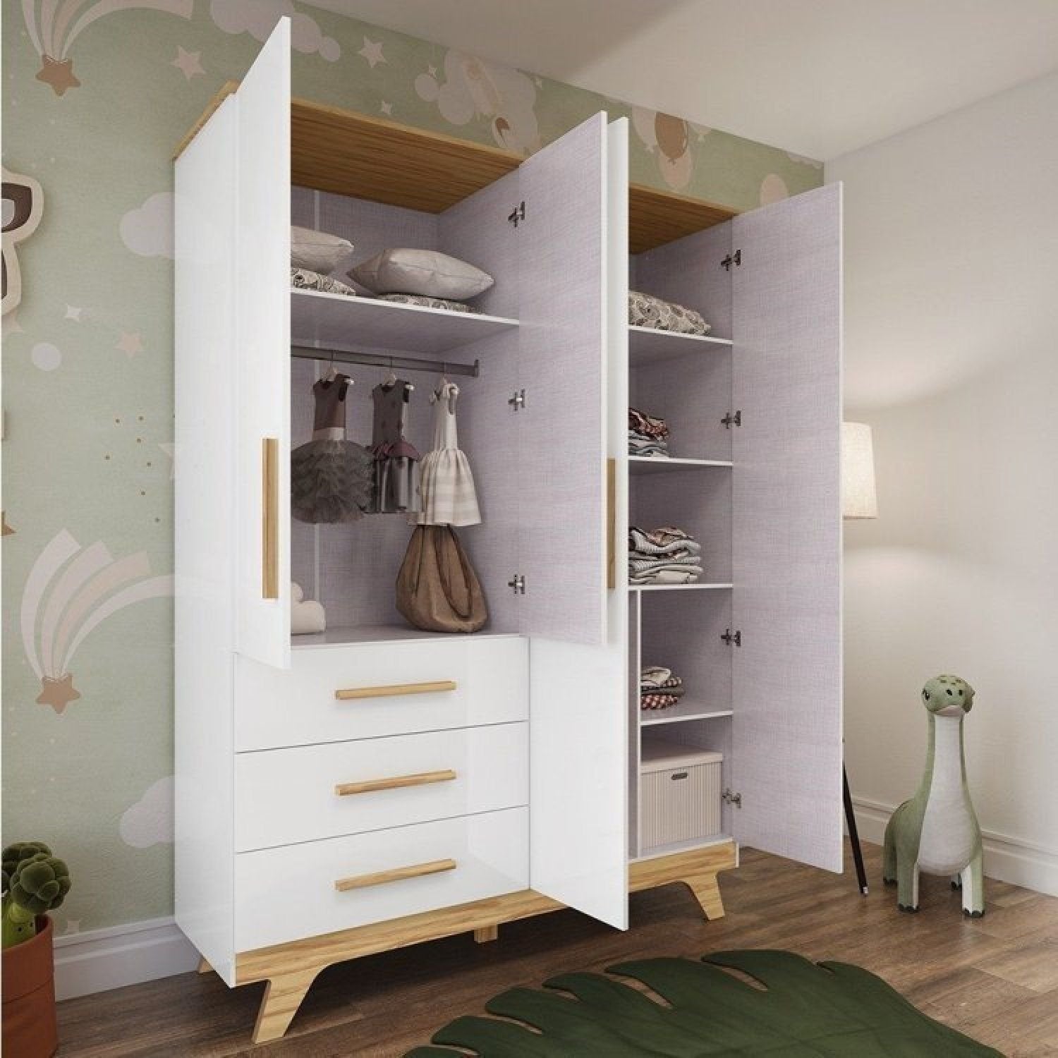 Quarto Infantil Completo Guarda-Roupa 4 Portas e Cômoda 1 Porta 100% MDF Kakau Retrô Yescasa