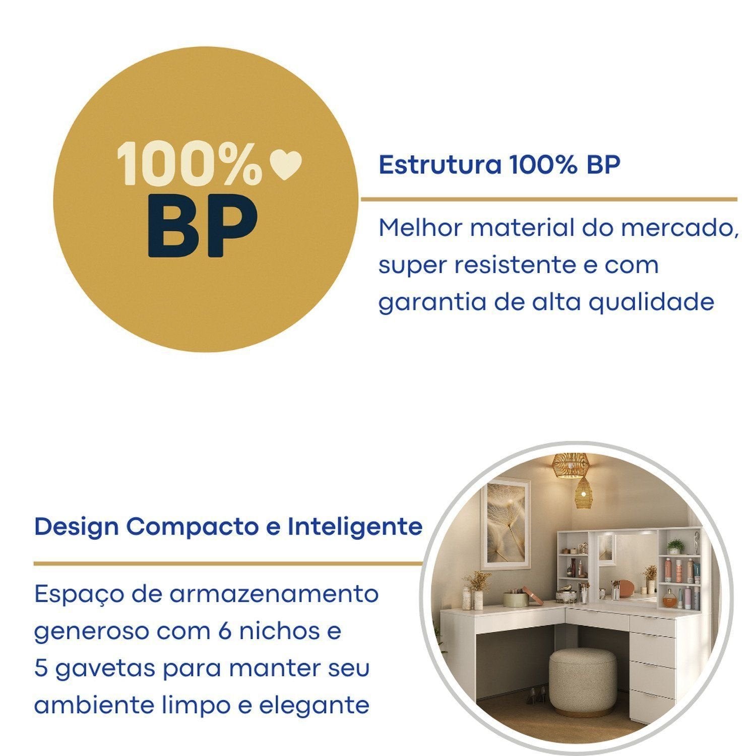 Penteadeira Escrivaninha em L com Espelho LED 5 Gavetas 6 Nichos Foscarini Branco