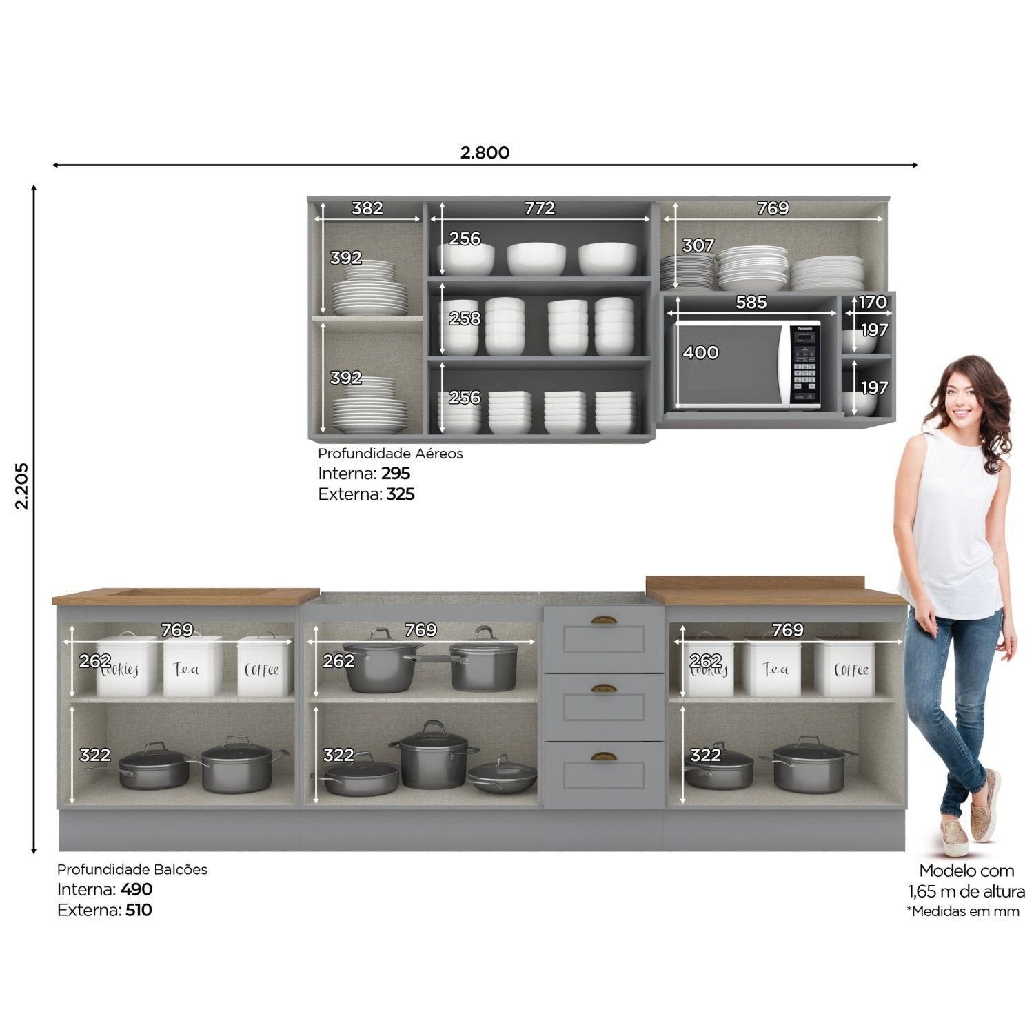 Cozinha Completa Modulada Emily 6 Peças Aéreo Microondas Cinza/Nature Espresso Móveis