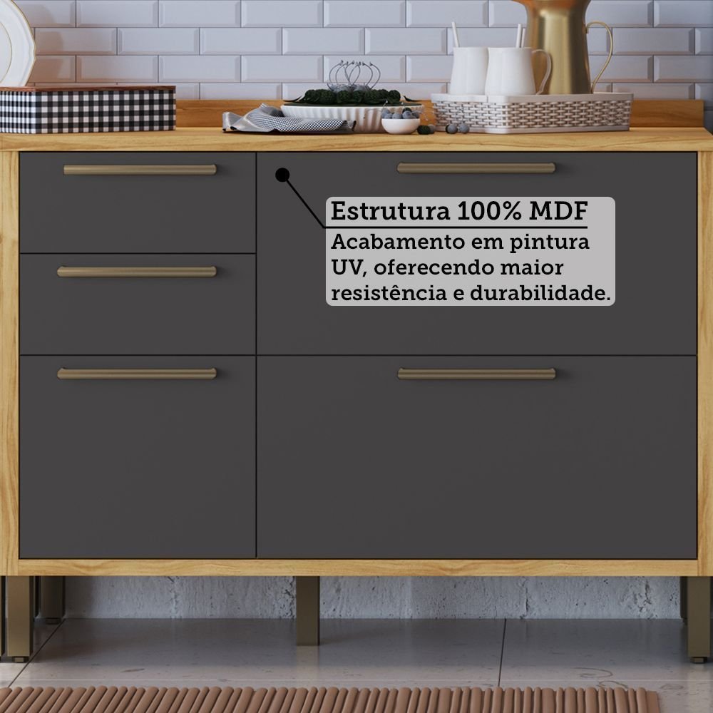 Cozinha Completa Modulada 100% MDF Vicenza Espresso Móveis 6 Peças 12 Portas 4 Gavetas Vidro Amêndoa/Chumbo 354,5x225x47cm