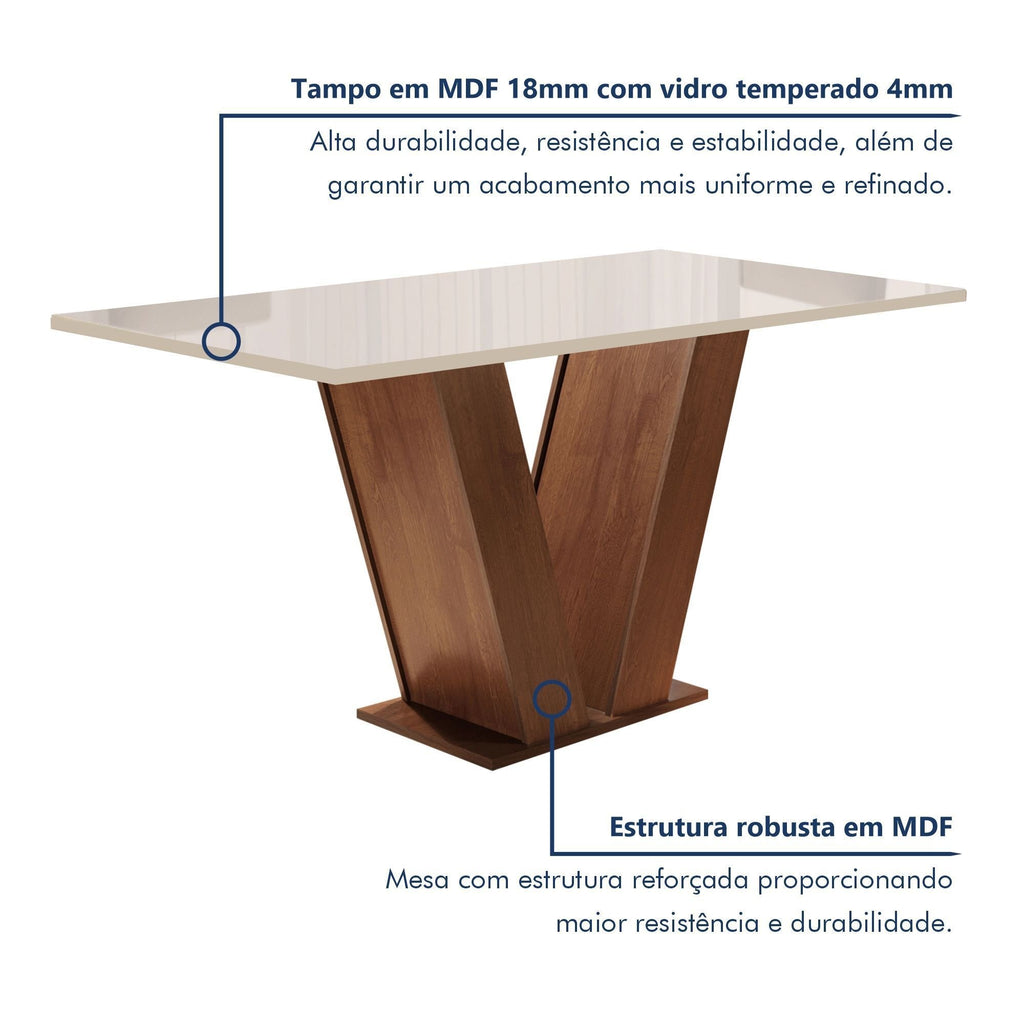 Conjunto Sala de Jantar Mesa Retangular Tampo Vidro/MDF com 6 Cadeiras Espanha Yescasa