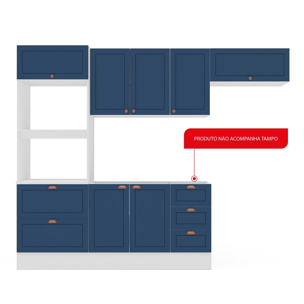 Cozinha Completa Modulada Pérola 4 Peças Torre Quente Aéreo 3 Portas Balcão 2 Gavetas Basculante Azul/Branco 270,2x219,4x52cm