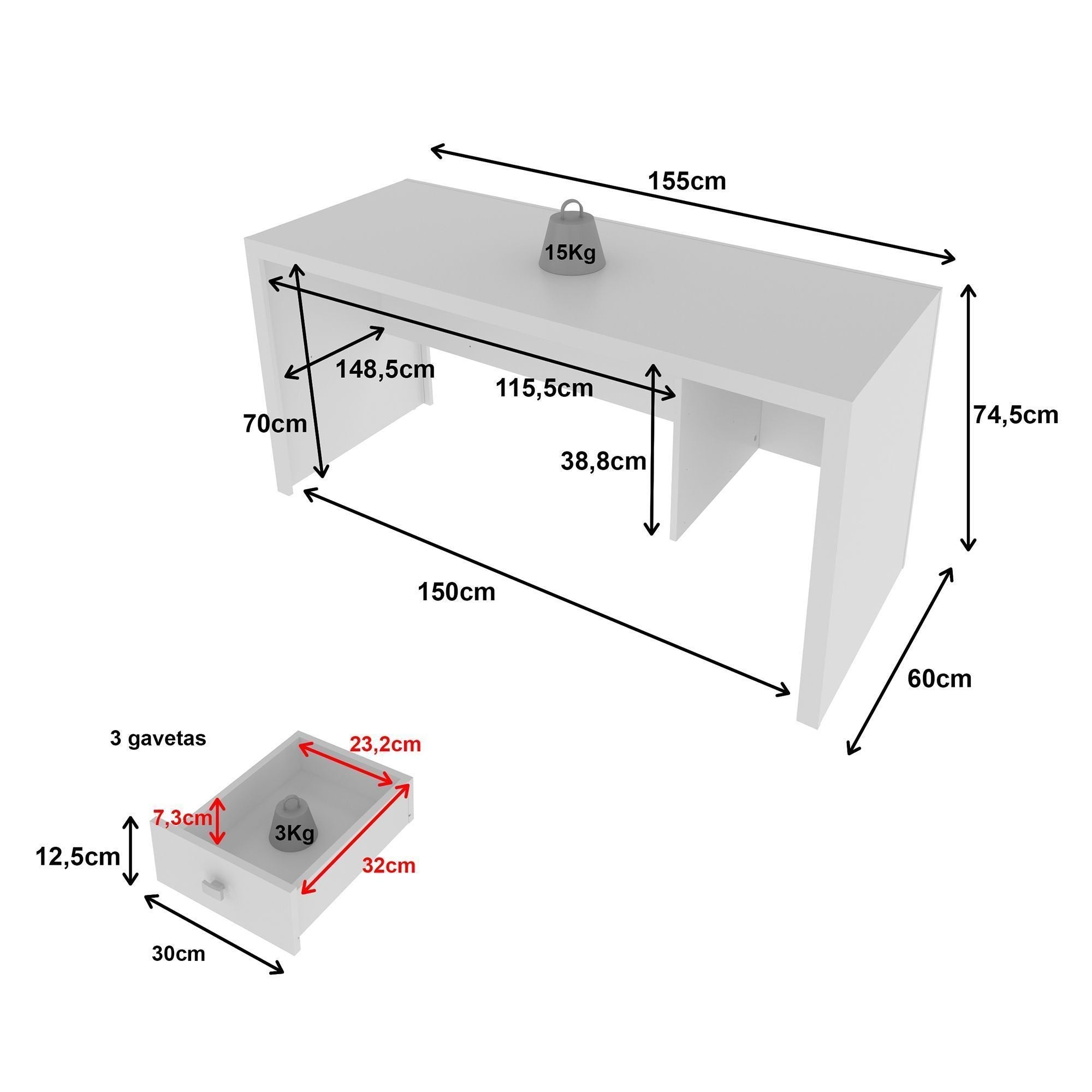 Escrivaninha Mesa Escritório Reversível ME4113 3 Gavetas 155cm Tecno Mobili