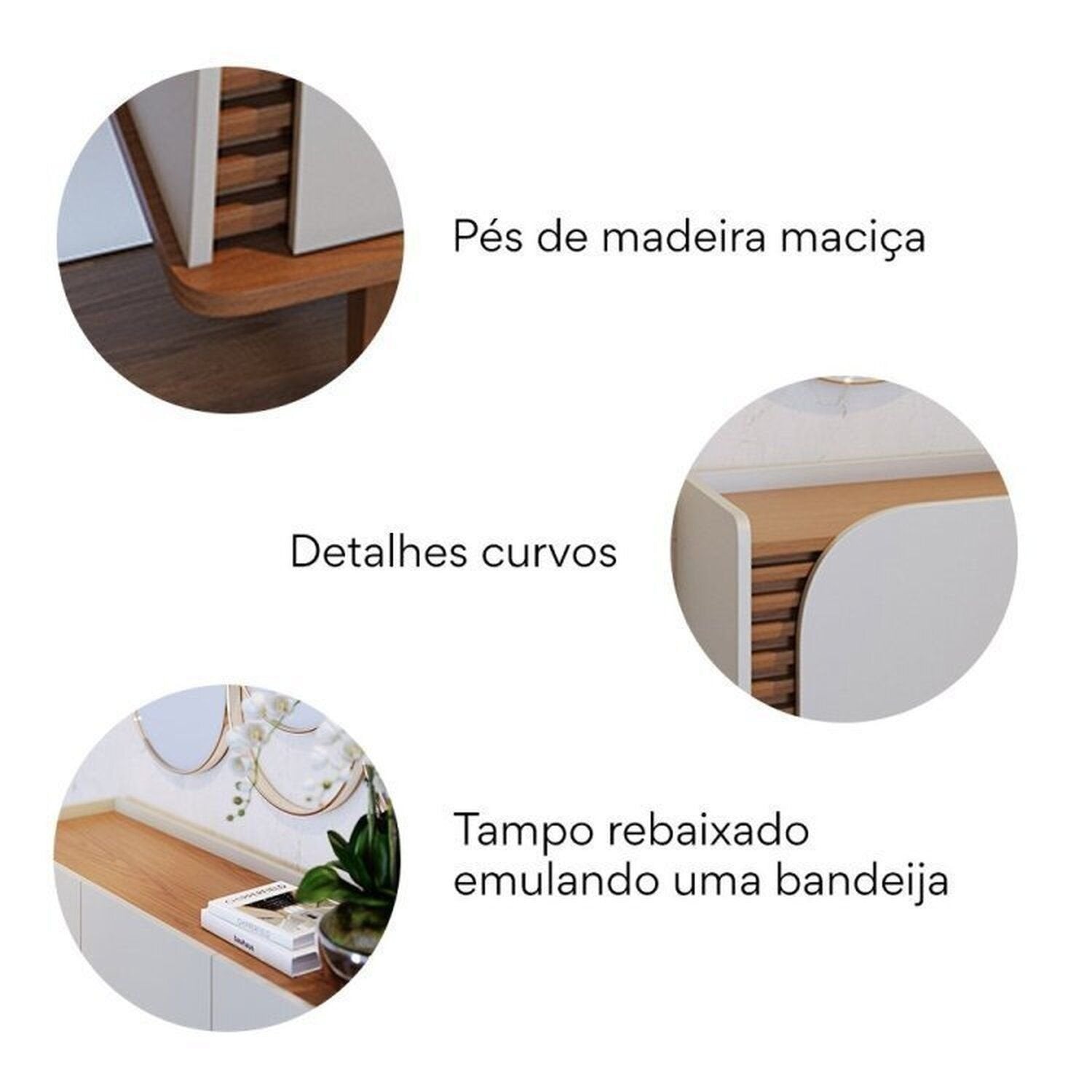 Conjunto Sala de Estar Completa Jurerê Home Maceió para TV Até 65 Polegadas Buffet e Cristaleira 4 Portas Colibri Branco Off White Matte/Freijó