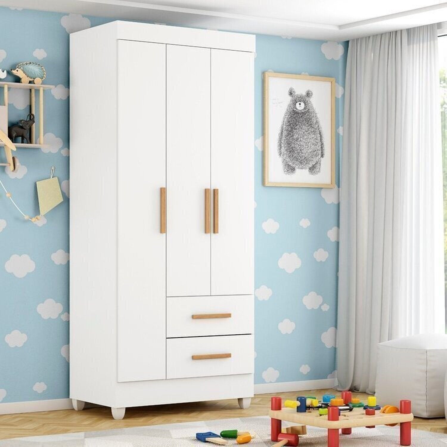 Quarto Bebê Infantil com Guarda-Roupa 3 Portas e 2 Gavetas com Cômoda 4 Gavetas Lite Infantil Móveis Leão Branco